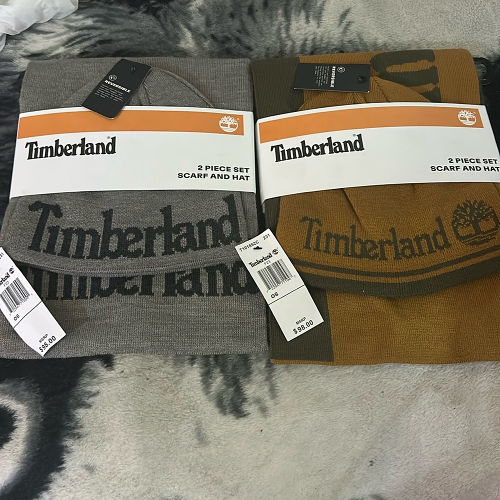 NWT TIMBERLAND MENS LOGO 2 Piece Set Scarf and Hat ( 2 SETS ) (BRAND NEW)